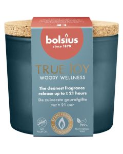 Bolsius geurglas met kurk geurkaarsen 66/83 (21 uur) true joy woody wellness verpakt per 6 stuks