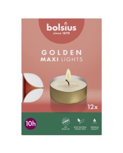 Bolsius golden maxi lights witte 10-uurs maxi waxinelichtjes goudkleurig in doos verpakt per 72 stuks