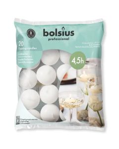 Witte 4,5 uurs brandende drijflichtjes 30/45 van het merk Bolsius, sfeervol drijvend op het water.