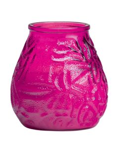Sfeervolle fuchsia gekleurde lowboy terras kaarsen. Buitenkaarsen in een fuchsia transparant glazen houder wat goed bestand is tegen wind en het kaarslicht mooi doorlaat schijnen. Ideale en handig te gebruiken kaarsen voor de horeca en voor thuis in de tu
