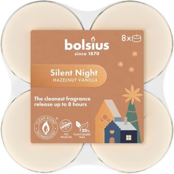 Maxi geurtheelichtjes hazelnoot vanille (8 uur) clear cups Bolsius true glow silent night