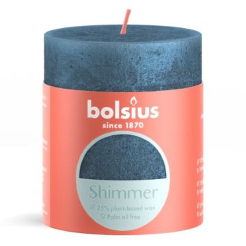 Bolsius metalliek blauw gelakte rustieke stompkaarsen 80/68 (35 uur) shimmer blue 4 stuks