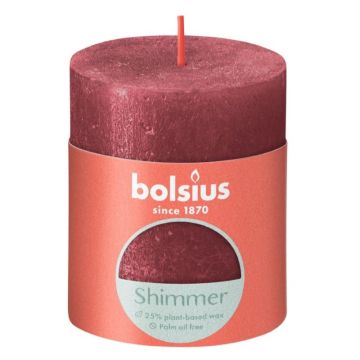 Bolsius metalliek rood gelakte rustieke stompkaarsen 80/68 (35 uur) shimmer red 4 stuks