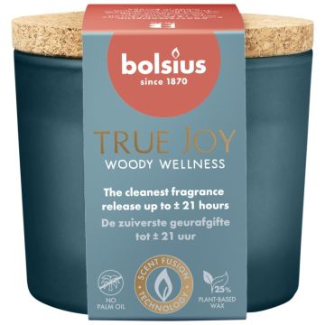 Bolsius geurglas met kurk geurkaarsen 66/83 (21 uur) true joy woody wellness verpakt per 6 stuks