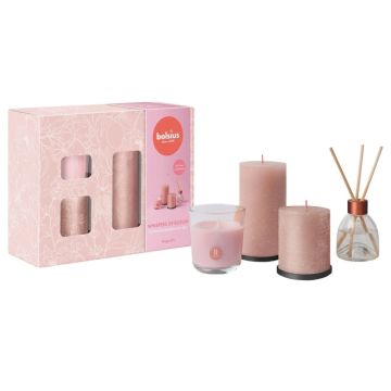 Bolsius whispers of bloom giftset, roze rustiek kaarsen met magnolia geurkaarsen en geurstokjes
