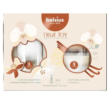 Bolsius giftsets true joy vanilla delight met vanille geurkaars en geurstokjes