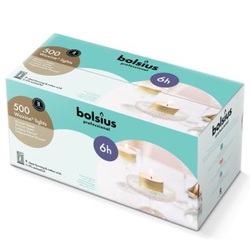 Bolsius Professional witte 6-uurs waxinelichtjes met goudkleurige cups in Horeca grijpdoos verpakt per 500 stuks