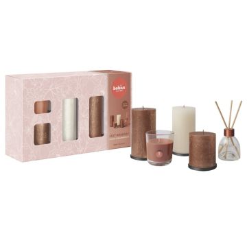 Bolsius cozy hideaway giftset, ivoor en koper rustiek kaarsen met appel cinnamon geurkaarsen en geurstokjes