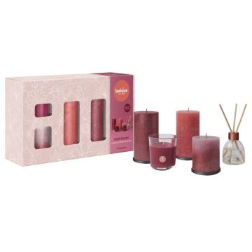 Bolsius fruit splash giftset, roze, rood en oudroze rustiek kaarsen met granaatappel geurkaarsen en geurstokjes