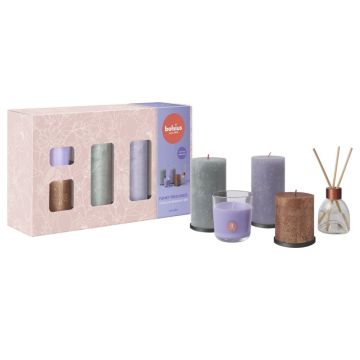 Bolsius funky freshness giftset, groen paars en koper rustiek kaarsen met lavendel geurkaarsen en geurstokjes
