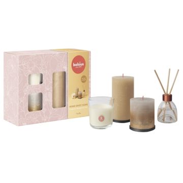 Bolsius home sweet home giftset, beige en lichtgrijs goud rustiek kaarsen met vanille geurkaarsen en geurstokjes
