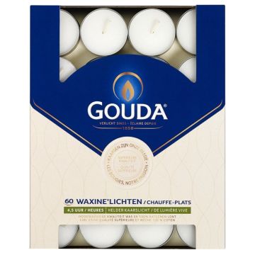 60 stuks Gouda witte 4,5-uurs waxinelichtjes in doos