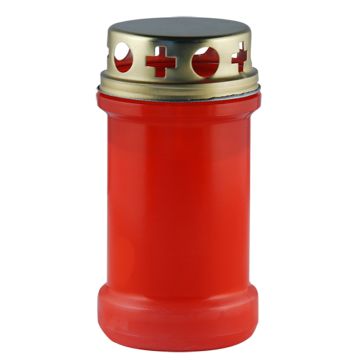 Robuuste grafkaarsen met stalen deksel en goede lont, voor een stevige vlam tegen wind en andere weersinvloeden,  in transparante rode houder