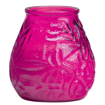 Sfeervolle fuchsia gekleurde lowboy terras kaarsen. Buitenkaarsen in een fuchsia transparant glazen houder wat goed bestand is tegen wind en het kaarslicht mooi doorlaat schijnen. Ideale en handig te gebruiken kaarsen voor de horeca en voor thuis in de tu