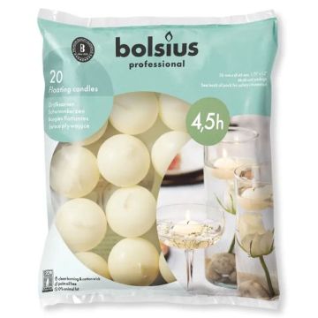 Ivoor 4,5 uurs brandende drijflichtjes 30/45 van het merk Bolsius, sfeervol drijvend op het water.