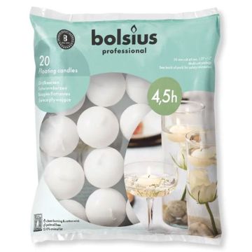 Witte 4,5 uurs brandende drijflichtjes 30/45 van het merk Bolsius, sfeervol drijvend op het water.