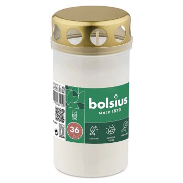 Bolsius grafkaarsen wit transparant met regen deksel120/60met circa 36 branduren