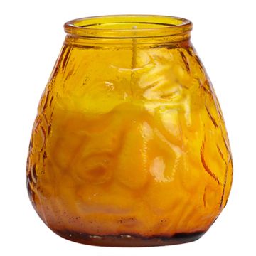 Sfeervolle amber gekleurde lowboy terras kaarsen. Buitenkaarsen in een amber gele transparant glazen houder wat goed bestand is tegen wind en het kaarslicht mooi doorlaat schijnen. Ideale en handig te gebruiken kaarsen voor de horeca en voor thuis in de t
