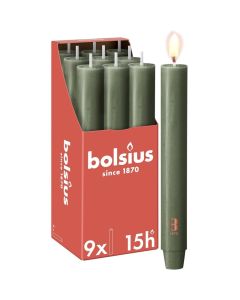 9 stuks Bolsius olijfgroen rustiek XL tafelkaarsen- dinerkaarsen 230/30 (15 uur) fresh olive